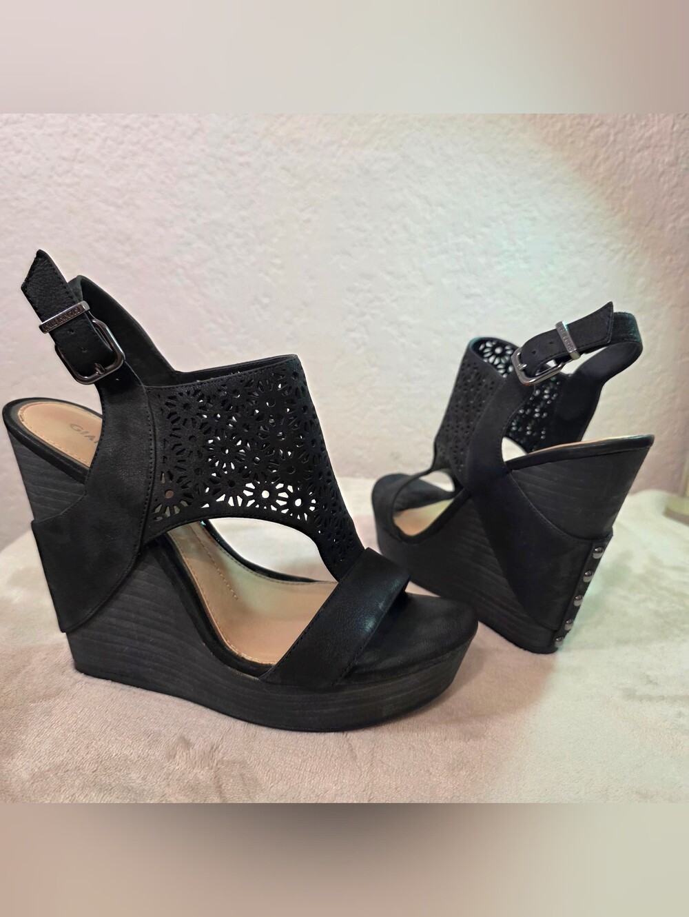 Gianni Bini Black Laser-Cut Slingback Sandals